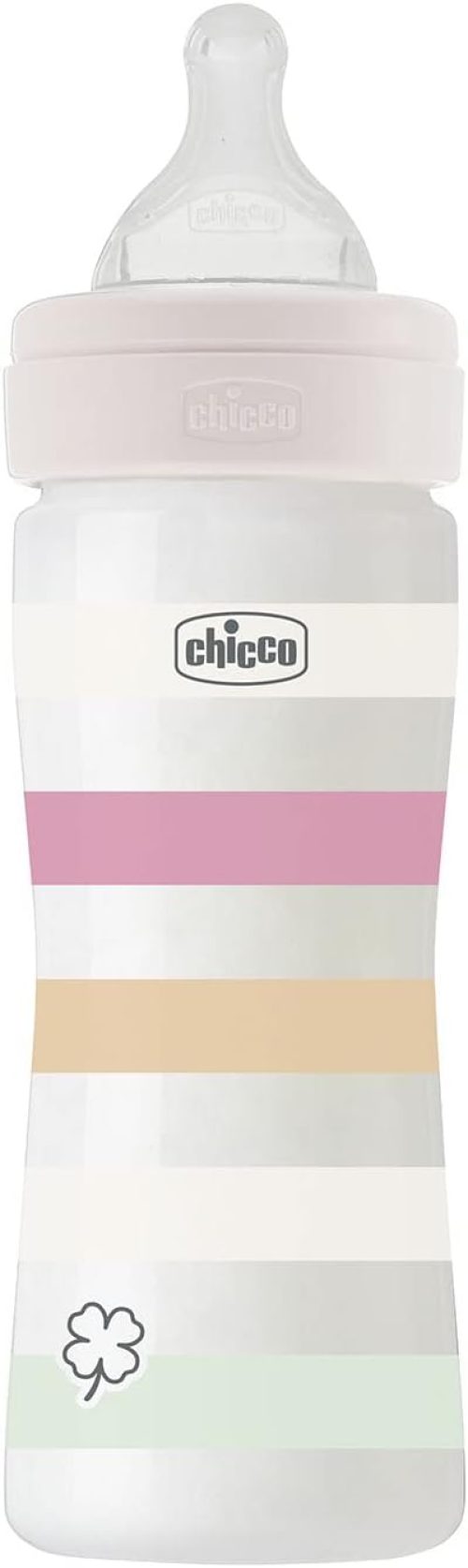 Chicco Biberon Benessere Flusso Medio, con Tettarella Physio in Morbido Silicone e Finitura Soft Sense, Anticolica, Riduce Rigurgito e Irritabilità, Bottiglia in Plastica da 250 ml, 2 Mesi+, Bambina