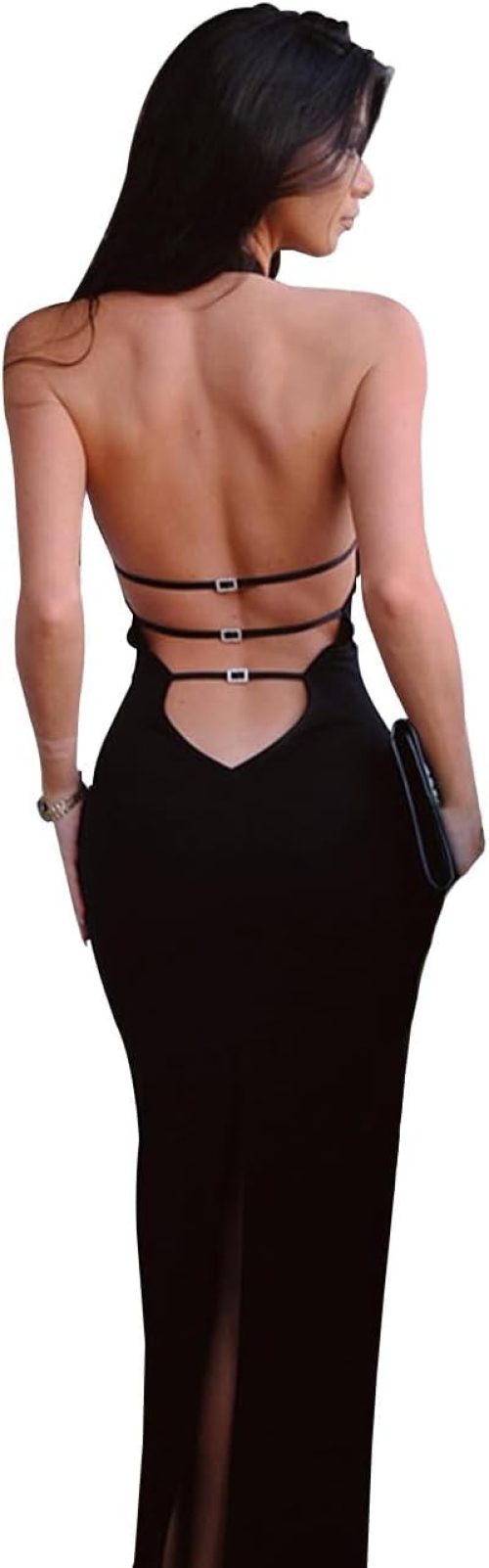 KOEMCY Vestito Donna Spaghetti Strap Senza Maniche Vestito Collo Cavezza Vestiti da Cerimonia Abito da Sera Partito Bodycon Senza Schienale Festa Banchetto