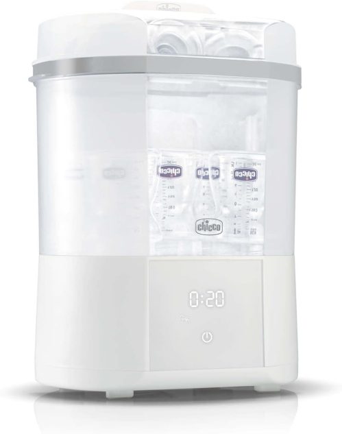 Chicco Sterilizzatore Elettrico, Sterilizzatore Biberon, Tiralatte e Ciuccio, con 3 Configurazioni e 3 Cicli di Utilizzo, Funzione Asciugatura, Adatto al Microonde, Fino a 6 Biberon da 330 ml, Bianco