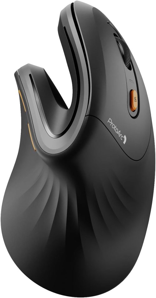 ProtoArc Mouse Ergonomico, EM11 NL Mouse Verticale Senza Fili Mouse Ottico Ricaricabile con 3 Porte Dispositivi (2*Bluetooth &USB), 3 DPI Regolabili per Computer, iPad, Mac, Windows – Nero
