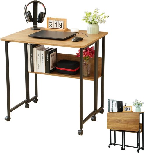 Scrivania Pieghevole Salvaspazio con Ruote, Piccola Scrivania Computer con Portaoggetti, Tavolo Richiudibile per Casa e Ufficio, Design Industriale