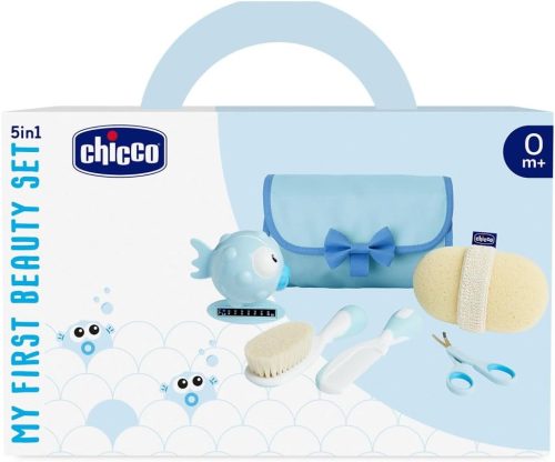 Chicco Set Bagnetto per Bambini, Idea Regalo, Idea Regalo Nascita, con Pettine, Spazzola Morbida, Termometro, Guanto Da Bagno In Spugna E Un Paio Di Forbici, Igiene Neonato, Prodotti Bagnetto, Azzurro