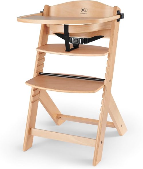 Kinderkraft Seggiolone Pappa in Legno ENOCK, Evolutivo, Multifunzionale, Sedia Ergonomica, Altezza Regolabile, Facile da Pulire, dai 6 Mesi ai 10 Anni, Naturale