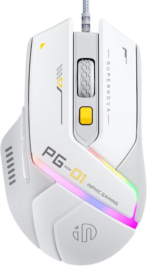 INPHIC PG1 Mouse Gaming cablato, 12800 DPI ad alta precisione, 6 pulsanti programmabili, mouse con filo PC Computer Laptop retroilluminato RGB traspirante, grigio
