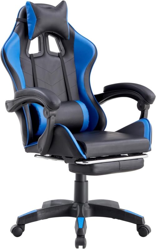 Brigros – Sedia da Gaming Racing Ergonomica Reclinabile con Braccioli, Poltrona Ufficio Girevole con Rotelle, Poggiapiedi, Poggiatesta e Cuscino Lombare in Similpelle, Portata: 125kg (Blu)