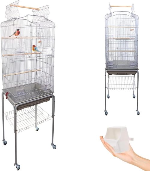 BAKAJI Gabbia Voliera per Uccelli, Pappagalli Inseparabili, Calopsite, Gabbietta Parrocchetti Volatili Piedistallo e Ruote, Tetto Apribile e Mangiatoie, Posatoi Legno, Vaschetta Removibile (Grigio)