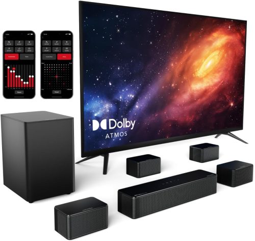 ULTIMEA 7.1 Soundbar TV, Compatibile con Dolby Atmos, Controllo APP, 4 Altoparlanti Surround Cablati, 460W Sistema Audio Home Theater Surround con Subwoofer Wireless 6,5″, Poseidon D80