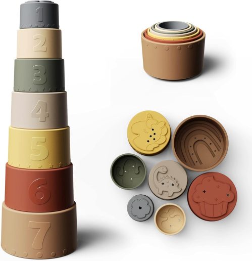 Moonkie Cubi Impilabili Bambini, Tazze Impilabili in Silicone, Costruzioni per Bambini, Giochi Bambini, Giochi Montessori, Giochi Dentizione Neonato Silicone, Regalo Bambino, 6+ Mesi (Retro)