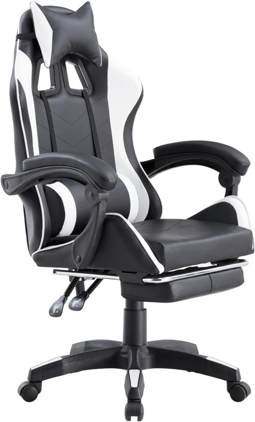 Brigros – Sedia da Gaming Racing Ergonomica Reclinabile con Braccioli, Poltrona Ufficio Girevole con Rotelle, Poggiapiedi, Poggiatesta e Cuscino Lombare in Similpelle, Portata: 125kg (Bianca)