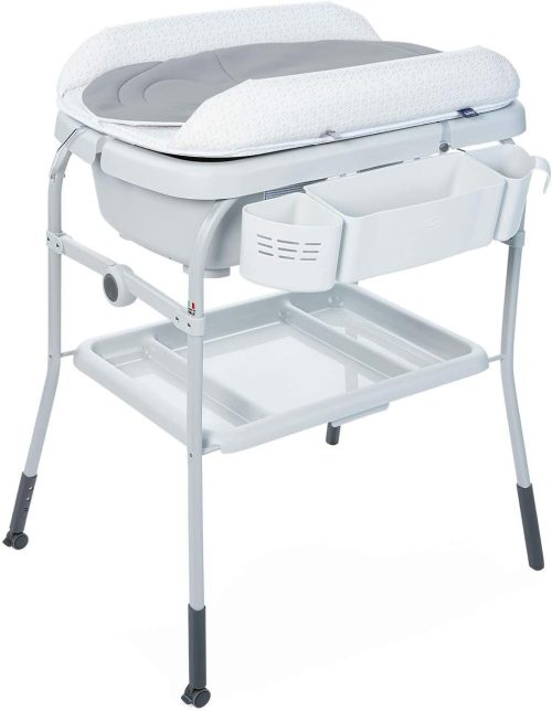 Chicco Cuddle & Bubble Vaschetta Bagnetto Fasciatoio Neonato Ergonomico con Materassino e Morbido Riduttore, Altezza Regolabile, Chiusura Compatta, Parent Organizer 2 Ruote, Max 11kg – Dots, Grigio
