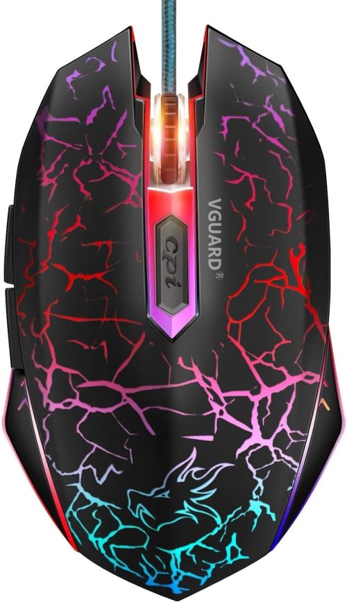VGUARD Mouse da Gaming, Mouse con Filo USB, Mouse Ottico per PC Portatile Ergonomico, 6 Pulsanti Programmabili, 4 Regolabile DPI(800/1200/1600/2400), 7 Colori LED – Nero (Versione Aggiornata)