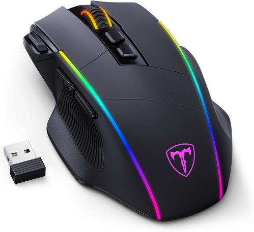 Mouse Gaming Wireless, Mouse a Tre Modalità 2.4 G/USB-C/Bluetooth Fino a 10000 DPI, Retroilluminazione RGB Chroma, Mouse Ergonomico con 8 Pulsanti Programmabili, Memoria di Bordo, PC, Mac Gamer