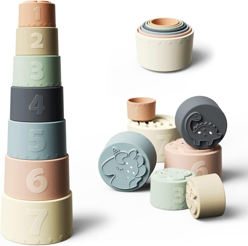 Moonkie Cubi Impilabili Bambini, Tazze Impilabili in Silicone, Costruzioni per Bambini, Giochi Bambini, Giochi Montessori, Giochi Dentizione Neonato Silicone, Regalo Bambino, 6+ Mesi (Fine Day)