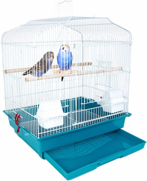 BAKAJI Gabbia Voliera per Uccelli con Vassoio Scorrevole e Posatoi in Legno, Gabbietta in Metallo Impilabile, Ideale per Pappagalli, Parrocchetti, Volatili, 46.5 x 35.5 x 65.5 cm (Verde)