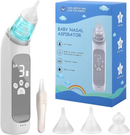 Aspiratore nasale elettrico, Aspiratore nasale per bambini, 3 livelli di aspirazione e 3 punte in silicone, musica e luci rilassanti, Aspiratore nasale antireflusso per neonati