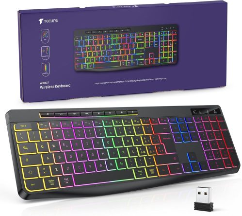 TECURS Tastiera Wireless Gaming Tastiera Italiana Pc Silenziosa Con Controllo Multimediale Retroilluminato, Ricaricabile Tastiera USB Ergonomica, Anti-ghosting da 2,4 GHz per Windows, Mac, PC