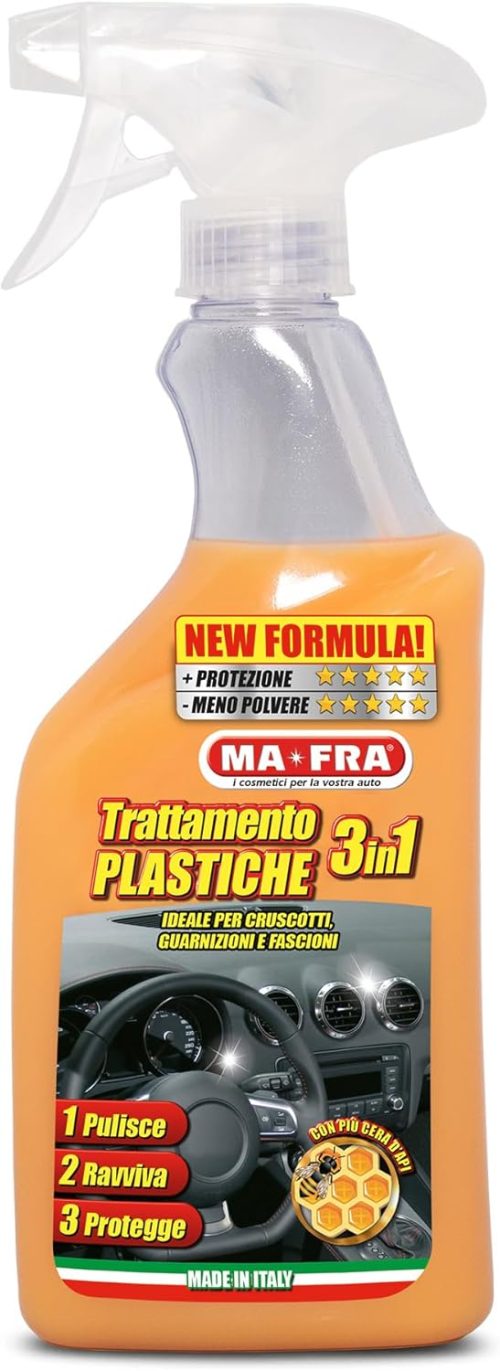 Ma-fra, Trattamento 3in1 Plastiche, Pulisce, Ravviva e Protegge Parti Interne dell’Auto, Ideale per Cruscotti e Guarnizioni, Crea Barriera Anti Raggi UV, Rallenta Formazione di Polvere, Formato 500ml