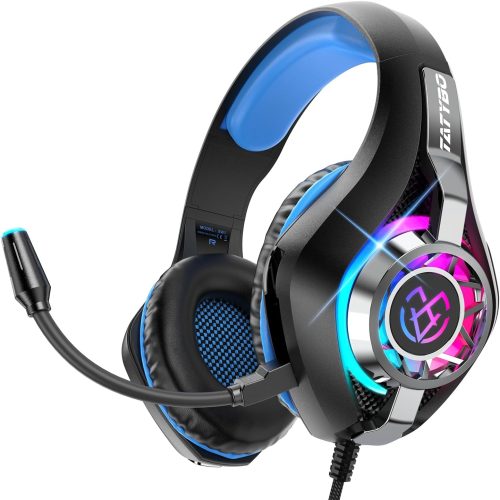 Tatybo Cuffie Gaming, Cuffie Gaming con Microfono Noise Cancelling, Stereo Bass Deep, Cuscinetti Auricolari Proteici, per Ps4 Ps5 PC Xboxone Switch, Blu
