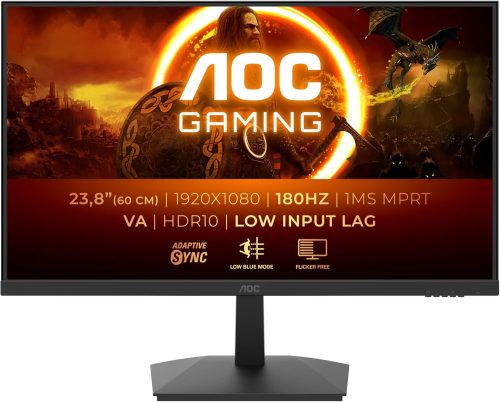 AOC Gaming 24G15N, monitor Full HD da 24 pollici, 180 Hz, VA veloce, 1 ms, sincronizzazione adattiva, HDR10, ritardo di ingresso basso (1920×1080, HDMI 2.0, DisplayPort 1.4,)