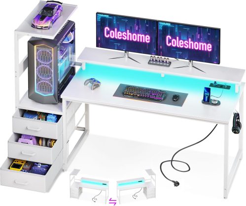 Coleshome Scrivania Gaming con Luci LED e Prese di Corrente, Postazione Gaming Reversibile con Cassetti, Scrivania Computer con Supporto per Schermo, Fibra di Carbonio Bianca, 151×50 cm