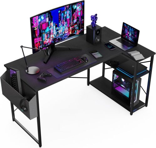 BEXEVUE Scrivania ad Angolo Computer – 100×70 cm Scrivania a Forma L Ripiani Portaoggetti, Tavolino Angolare Reversibile, Scrivania Gaming Gamer Informatica, Studio Gioco Lavoro Casa Camera da Letto