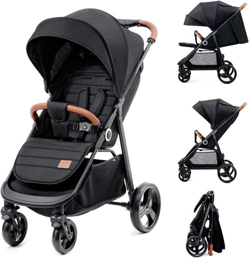 Kinderkraft GRANDE PLUS Passeggino Leggero dalla Nascita fino 22 kg, Pieghevole con una mano, Posizione Sdraiata, L’ammortizzazione su tutte le ruote, Cappottina XL, Nero