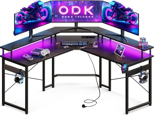 ODK Scrivania Gaming con LED, Scrivania Gaming Angolare con Prese e Porte USB, Scrivania Gaming ad Angolo con Supporto per Monitor, Nero Fibra di Carbonio, 129×129 cm
