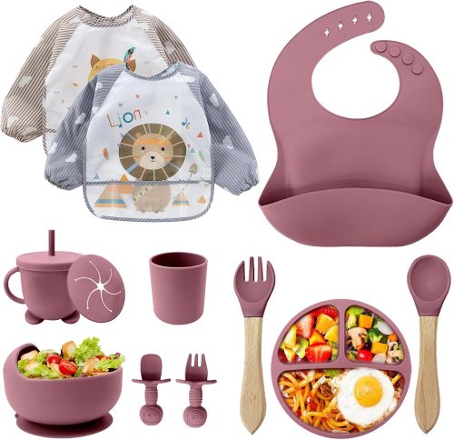CUBTEM Set Pappa Svezzamento, Set di 12 Piatti per Bambini,Ventosa Ciotola e Cucchiaino per Neonati, Bavaglino in Silicone, Set di Posate per Bambini per Lo Svezzamento e L’Alimentazione