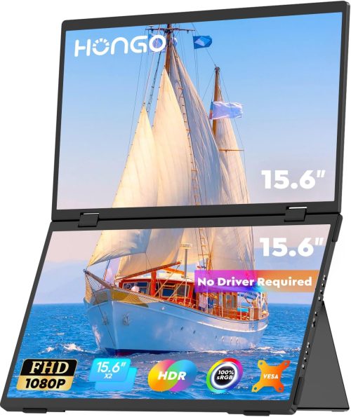 HONGO 15.6″ Monitor portatile, Doppio Schermo Portatile FHD 1080P, Folding Triple Monitor Supporto Wins/Mac con USB Tipo C, 100% sRGB Laptop Monitor automatica di 180°/360° Nessun Driver Richiest