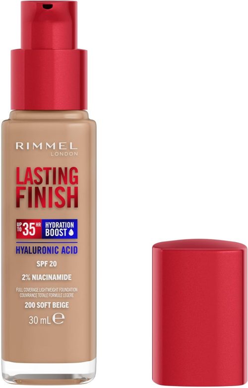 Rimmel London Lasting Finish 35H, 200 Soft Beige, fondotinta, lunga tenuta, idratante, formula vegana, alta coprenza, 30ml