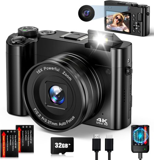 Fotocamera Digitale 4K Macchina Fotografica Digitale Autofocus 64MP Fotocamera Compatta Con Doppio Obiettivo, Zoom 16X, Anti-Shake, Scheda 32Gb, 2 Batterie Per Adolescenti, Principianti (Nero)