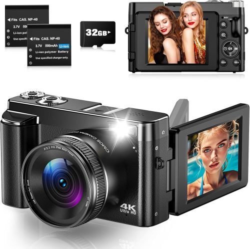 Fotocamera Digitale 4K 48MP Autofocus Macchina Fotografica Digitale Con Schermo Ribaltabile a 180° Da 3″, Fotocamera Compatta 4K Con Scheda Da 32 GB, Zoom 16X, 2 Batterie