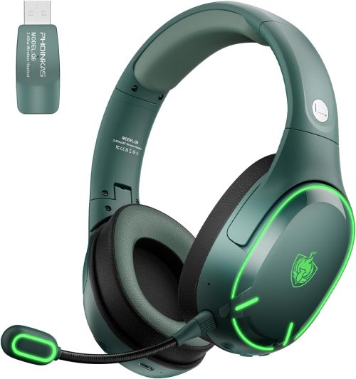 PHOINIKAS Cuffie Bluetooth, 2.4Ghz Cuffie Gaming Wireless, Bluetooth per Telefono/Portatile, Dongle 2.4Ghz per PC/PS4/PS5/TV/Switch, Microfono a Cancellazione di Rumore, Batteria 30 H, Luce LED