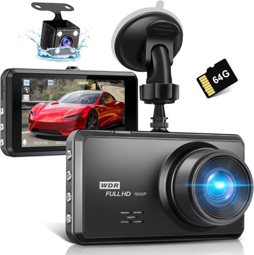 Miden S7 2.5K Doppia Dashcam,Scheda SD 64G,1600P+1080P FHD Telecamera per Auto,Dash Cam Auto IPS 3.2″ con Grandangolo di 336°,G-Sensor,Visione Notturna,WDR,Monitor di Parcheggio,Registrazione in Loop