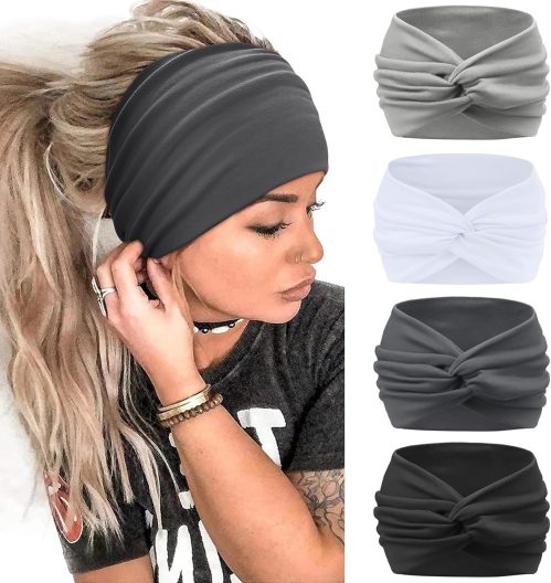 Kavya Fascia Capelli Donna 4 Pcs 7” Elastico Cerchietto Capelli Donna Movimento Yoga Fasce Per Capelli Bandana Extra Large Headband Boho Accessori Per Capelli (Grigio)