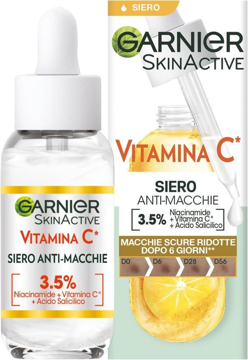 Garnier Siero Vitamina C Anti-Macchie, Illuminante e Rimpolpante, Arricchito con Vitamina C, Niacinamide e Acido Salicilico, Pelle Libera dalle Macchie Scure in Solo 6 Giorni