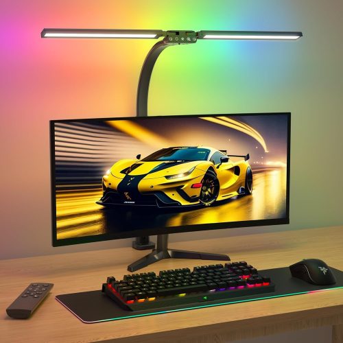 SIBRILLE 22W RGB Lampada da Scrivania a Doppia Testa a LED Dimmerabile 80 cm con morsetto, Regolabil Lampada da Tavolo LED Studio