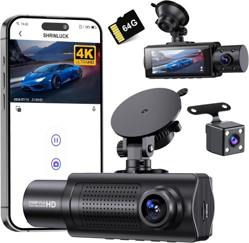 SHRINLUCK X5 4K WiFi 3-Canali Dash Cam Auto, 2160P+1080P+1080P FHD Tripla Dashcam Auto,Telecamera Auto 360° su tutti i lati, Scheda SD 64G Gratuita, G-Sensor,WDR,Visione Notturna,Monitor di Parcheggio