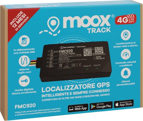 MOOX Track 4G Localizzatore Gps per Auto, Moto, Camion, Barca – App Facile da Usare, Posizione in Tempo Reale, Allarmi e avvisi – Sim e Traffico Incluso per 12 Mesi – Sempre Connesso – Blocco motore