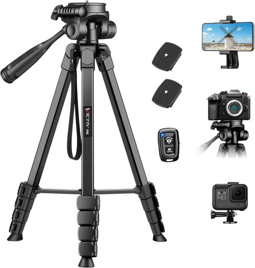 Victiv 172cm Treppiede Fotocamera in Alluminio Leggero, Smartphone per iPhone con Supporto Telefonico e Telecomando Wireless, con Testa Girevole a 3 Vie per Canon Nikon Sony DSLR