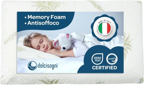 DOLCI SOGNI Cuscino Lettino Bambino Antisoffoco 50×30 Memory Foam Spessore 5,5 cm, OEKO-TEX® e CertiPUR™ Cuscino per Asilo, Guanciale Bambini Modello Aloe Cuscino da Viaggio 100% Made in Italy