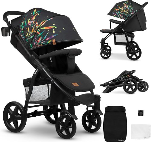 Lionelo Annet Buggy – Passeggino pieghevole fino a 22 kg con funzione reclinabile, con accessori, ruote in schiuma EVA, zanzariera, copri-piedi, portabevande, Nero chiaro