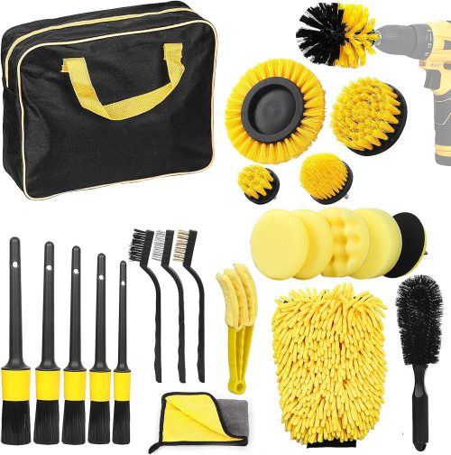 Withosent Kit Pulizia Auto, 23pcs Kit Lavaggio Auto, Kit Pulizia Auto Interni Kit Spazzola per Trapano, Panno in Microfibra, Prodotti Pulizia Auto per Interni, Esterni, Ruote, Motore, Finestrini