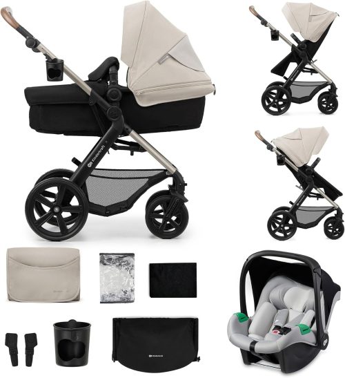 Kinderkraft MOOV2 Trio passeggino neonati 3 in 1 fino 26 kg, con Ovetto I-SIZE 40-75 cm, Carrozzina reversibile fronte mamma e strada, Schienale regolabile, Ruote EVA, Grigio