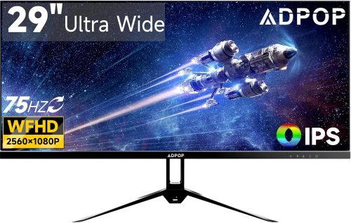 ADPOP Monitor 29″ UltraWide 21:9 LED IPS HDR Del Computer WFHD 2560 x 1080 75Hz 21:9 per la Casa, l’ufficio e i giochi, FreeSync, HDMI, DP, HDR, Altoparlanti Integrati, Montaggio VESA