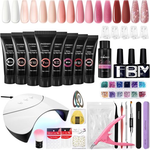 Kit Unghie Gel Completo, Phoenixy 8 Colori Rosa Gel Ricostruzione Unghie con Lampada per Unghie 36W U V/LED, Kit Ricostruzione Unghie Gel Completo con Base y Top Coat