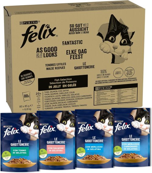 FELIX Le Ghiottonerie Cibo Umido per Gatti Adulti Bocconcini con Tonno, Salmone, Merluzzo, Merluzzo nero 80 Buste da 85g